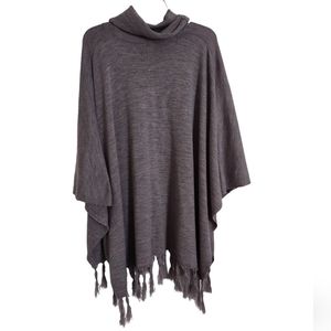 Garnet Hill Size Small 100% Wool Grey Fringe Turtleneck Sweater Poncho
